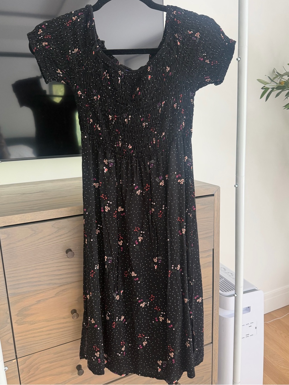 Black Floral Smocked Dress